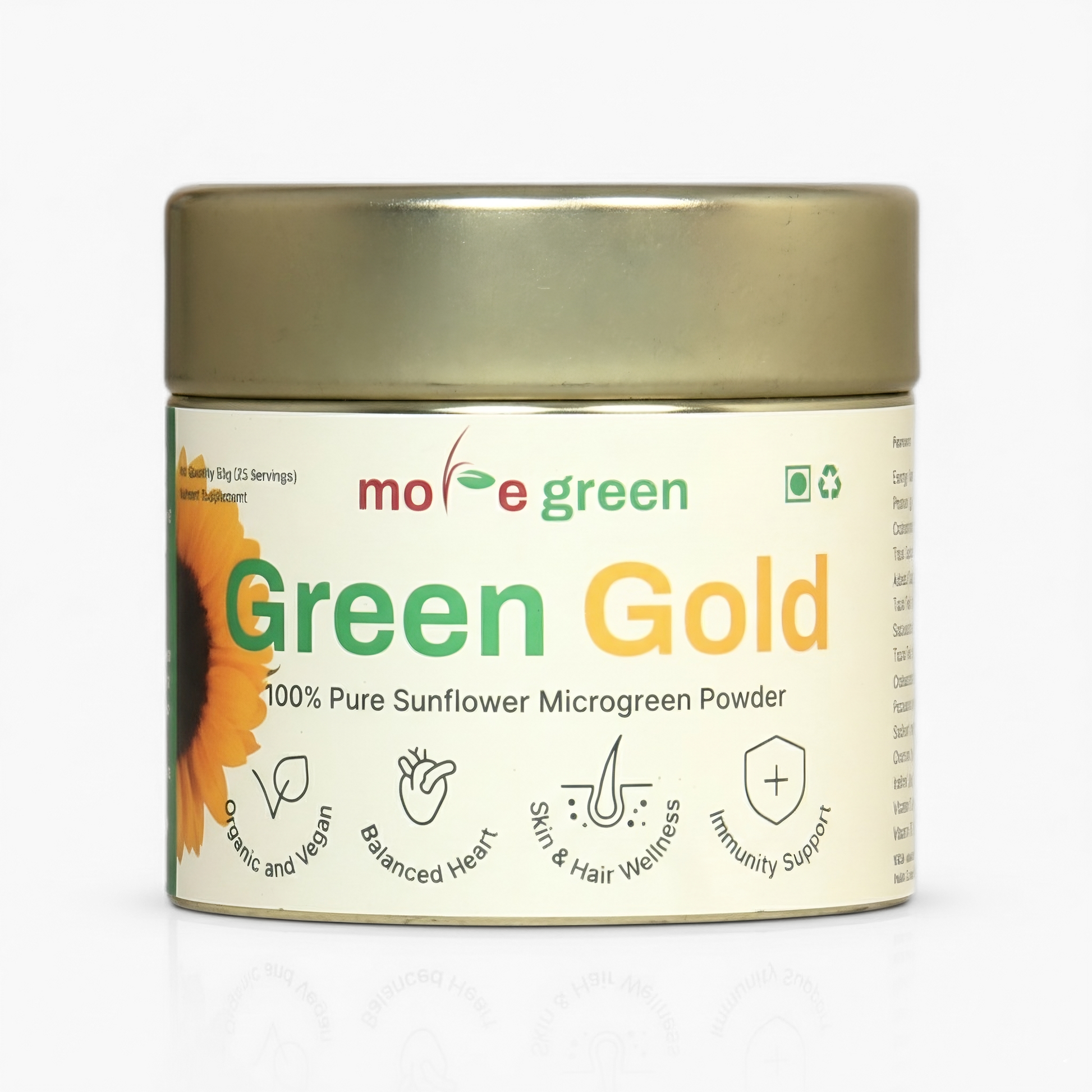 Jar of more green Green Gold sunflower microgreen powder on a white background