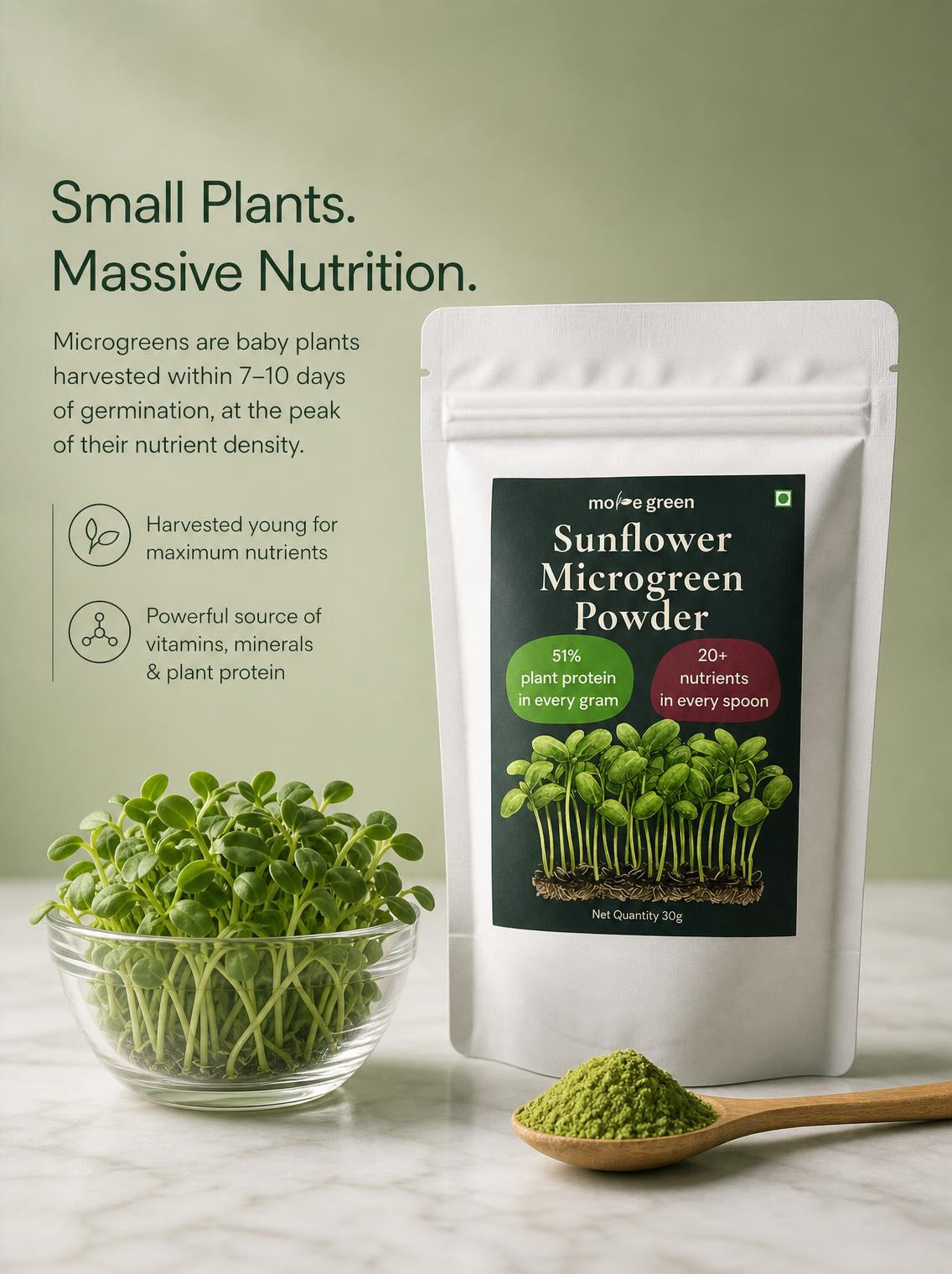 Sunflower microgreen powder packaging with a bowl of microgreens and a spoonful of powder on a light surface.