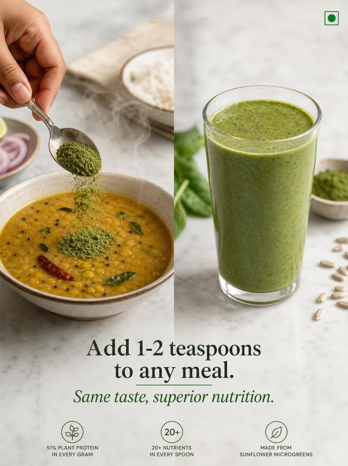 Split image showing a bowl of dal with sunflower microgreen powder and a glass of green smoothie, with text about adding sunflower microgreen powder to meals.