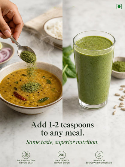Split image showing a bowl of dal with sunflower microgreen powder and a glass of green smoothie, with text about adding sunflower microgreen powder to meals.