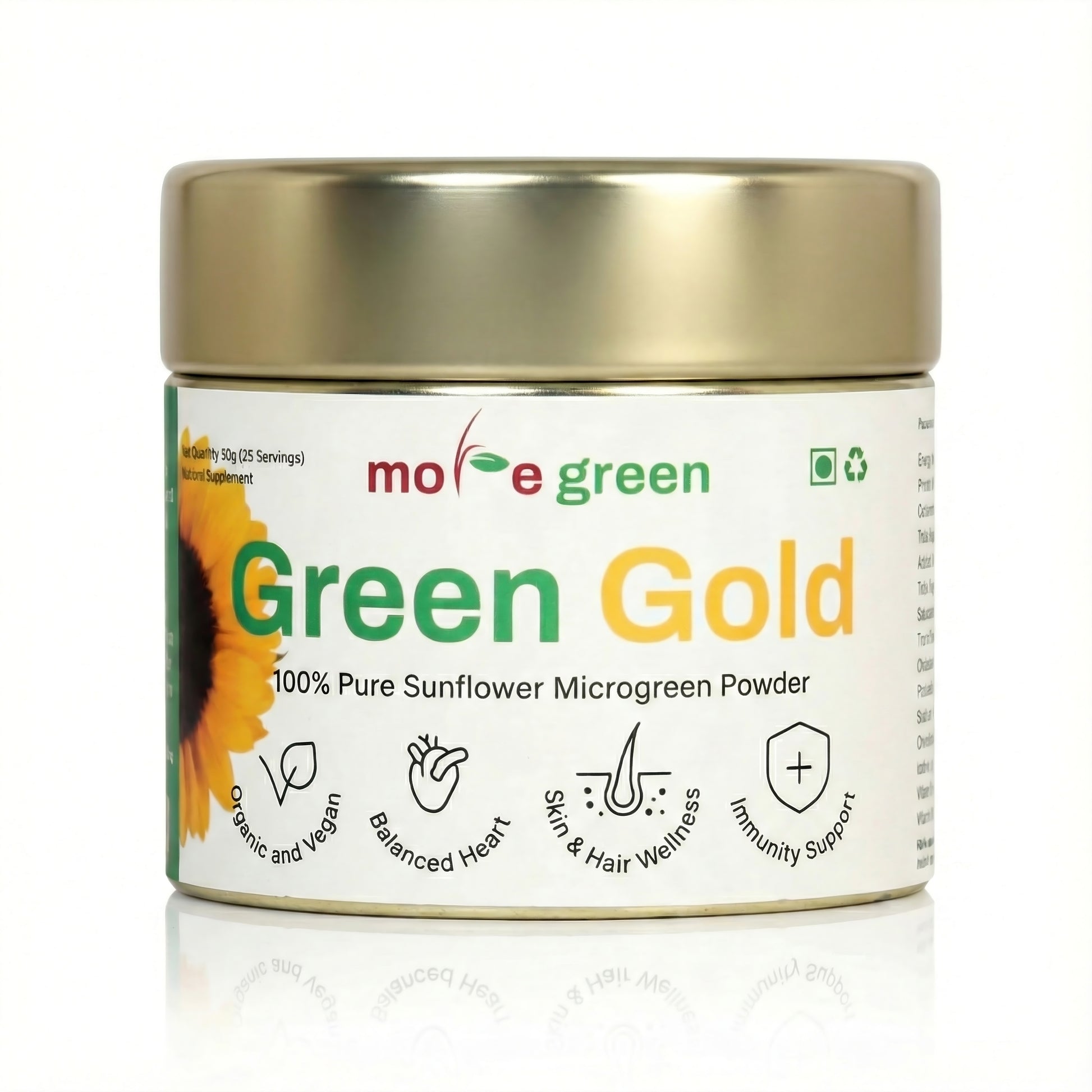 Jar of 'Green Gold' sunflower microgreen powder with 'more green' branding on a white background