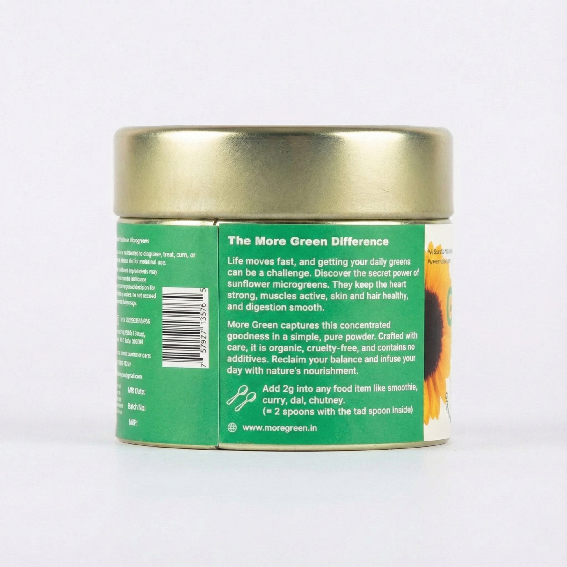 Green jar with gold lid on a white background