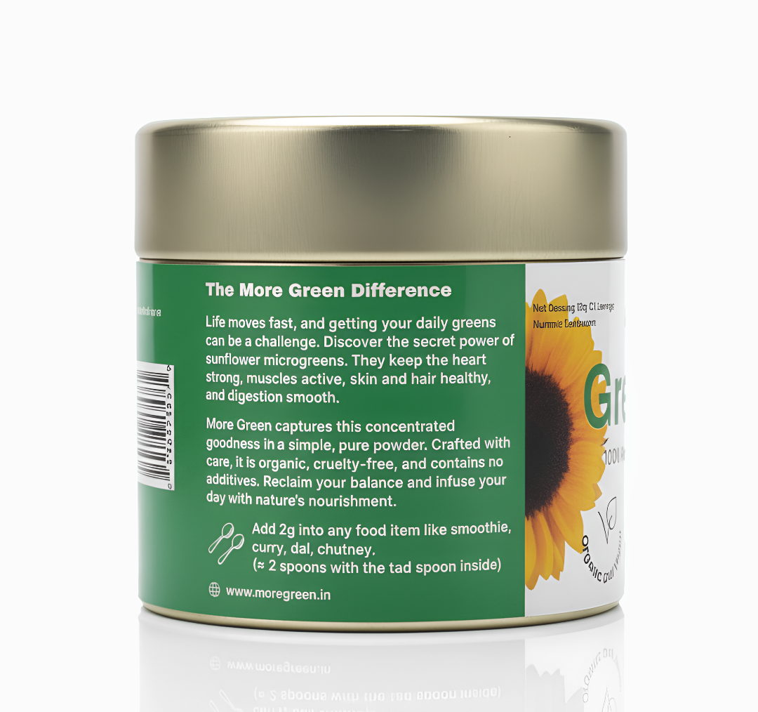 More Green product container with green label and sunflower illustration on a white background