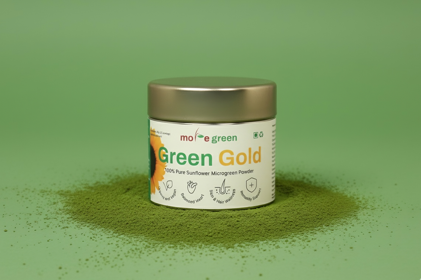 Jar of 'Green Gold' powder with a green background